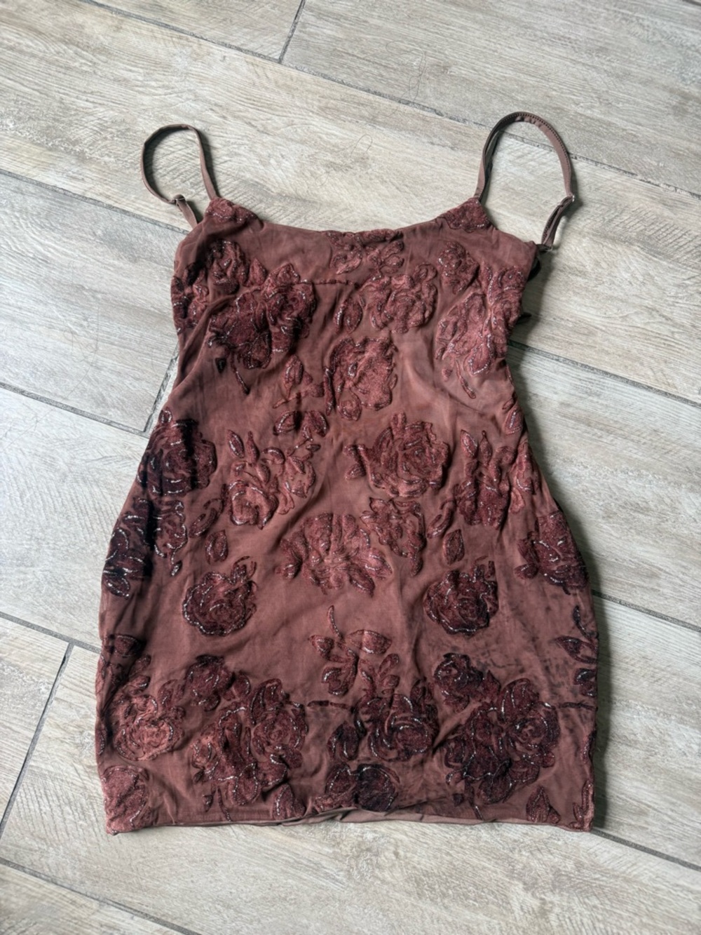 Brown Floral Embellished Spaghetti Strap Women's dress